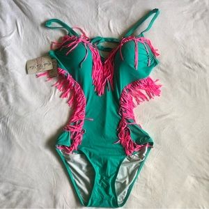 Teal One Piece Swimsuit with Pink Fringe and Cutouts by BIKI